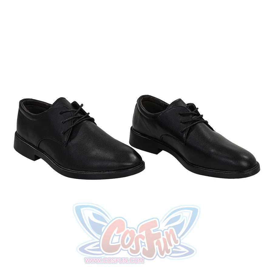 Black faux leather lace-up dress shoes for Max Eisenhardt cosplay, photographed from above showing the shoe tops
