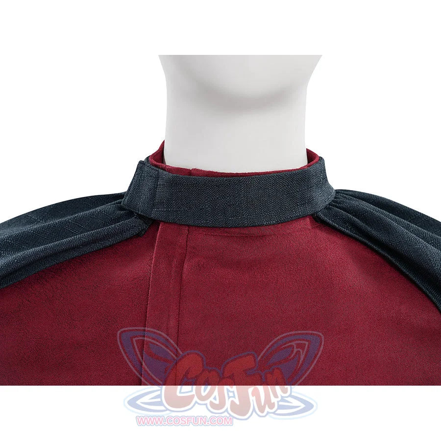 Max Eisenhardt cosplay closeup of dark collar where cape meets red bodysuit, showing fabric texture