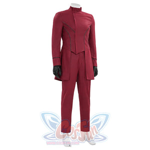 Max Eisenhardt cosplay female red bodysuit without cape, angled view showing seam details and gloves