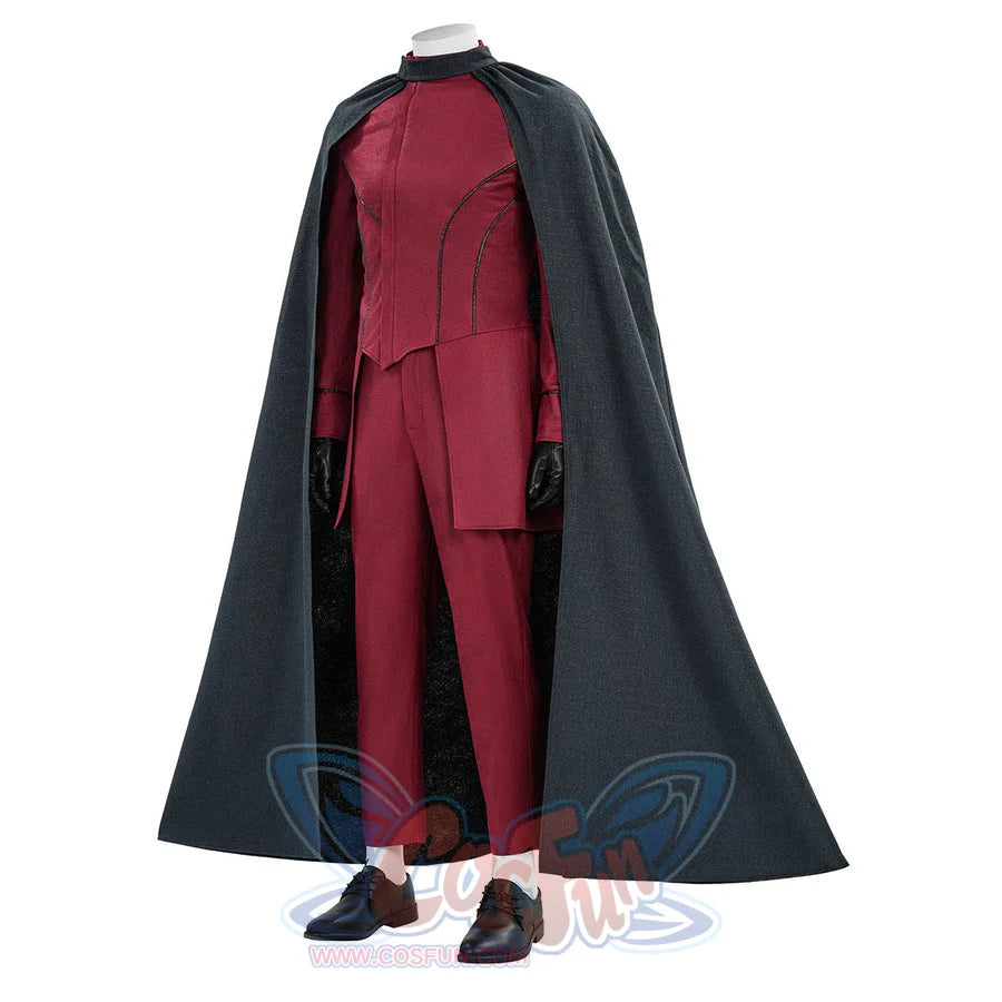 Max Eisenhardt cosplay costume female variant, front view showing fitted red bodysuit and cape