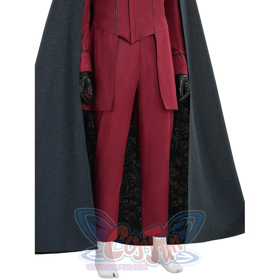 Max Eisenhardt cosplay lower body view showing red pants and bodysuit with dark cape open at front