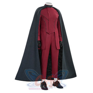 Max Eisenhardt cosplay male costume full front view, red bodysuit with dark long cape