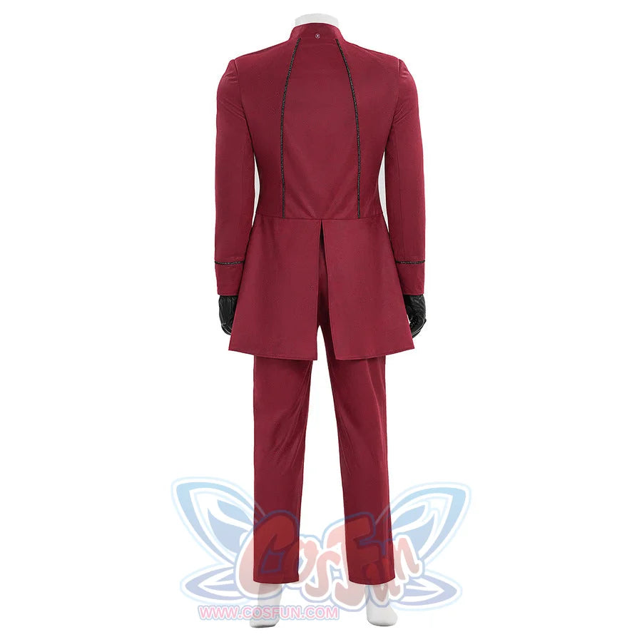 Max Eisenhardt cosplay red bodysuit back view showing detailed seam lines and jacket cut