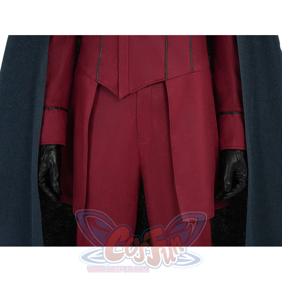 Max Eisenhardt cosplay torso closeup showing red bodysuit waist panel, decorative seams and gloves