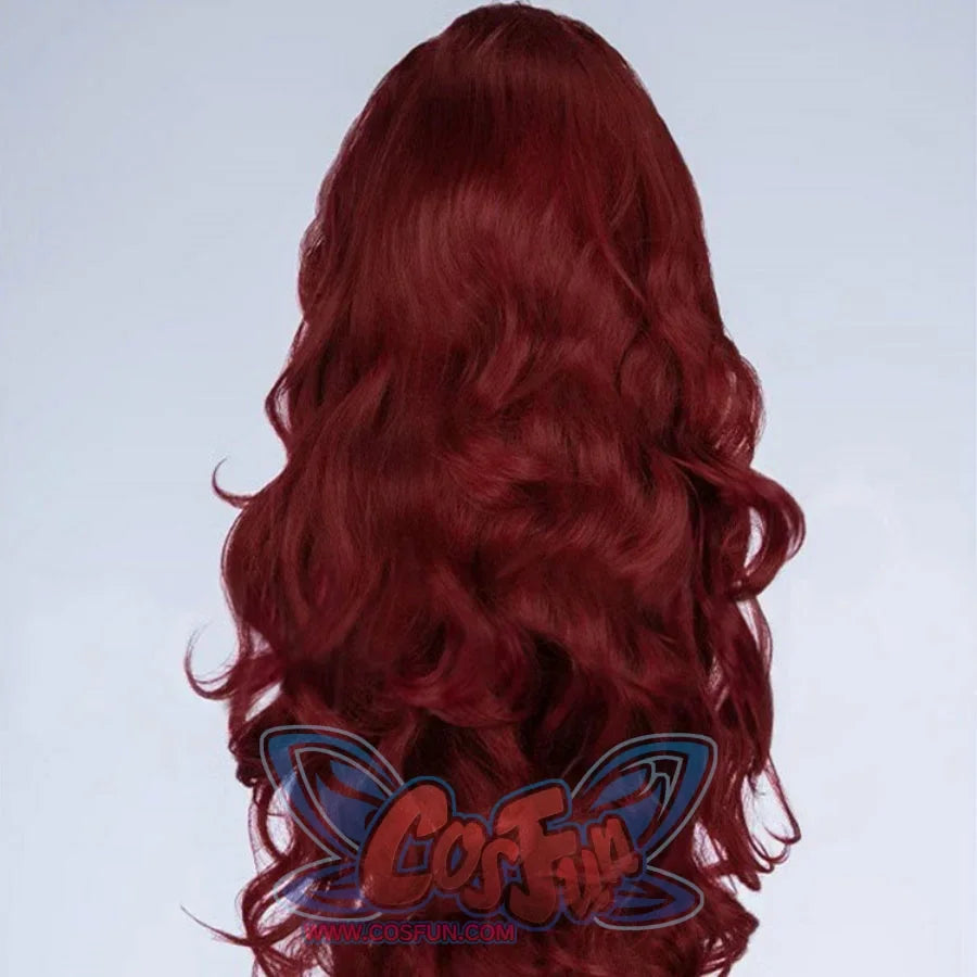 Back view of Scarlet Witch Wanda burgundy wig showing full voluminous curls