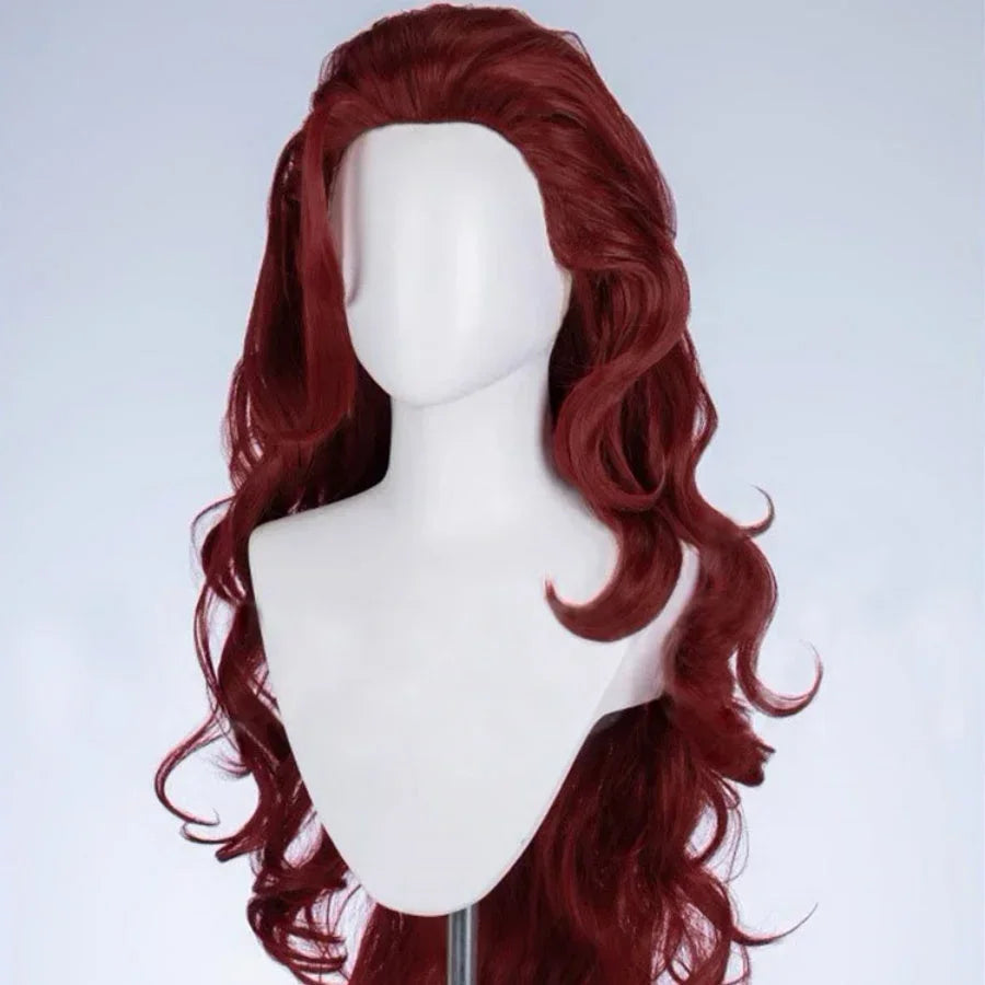 Front view of Scarlet Witch Wanda burgundy curly cosplay wig on mannequin