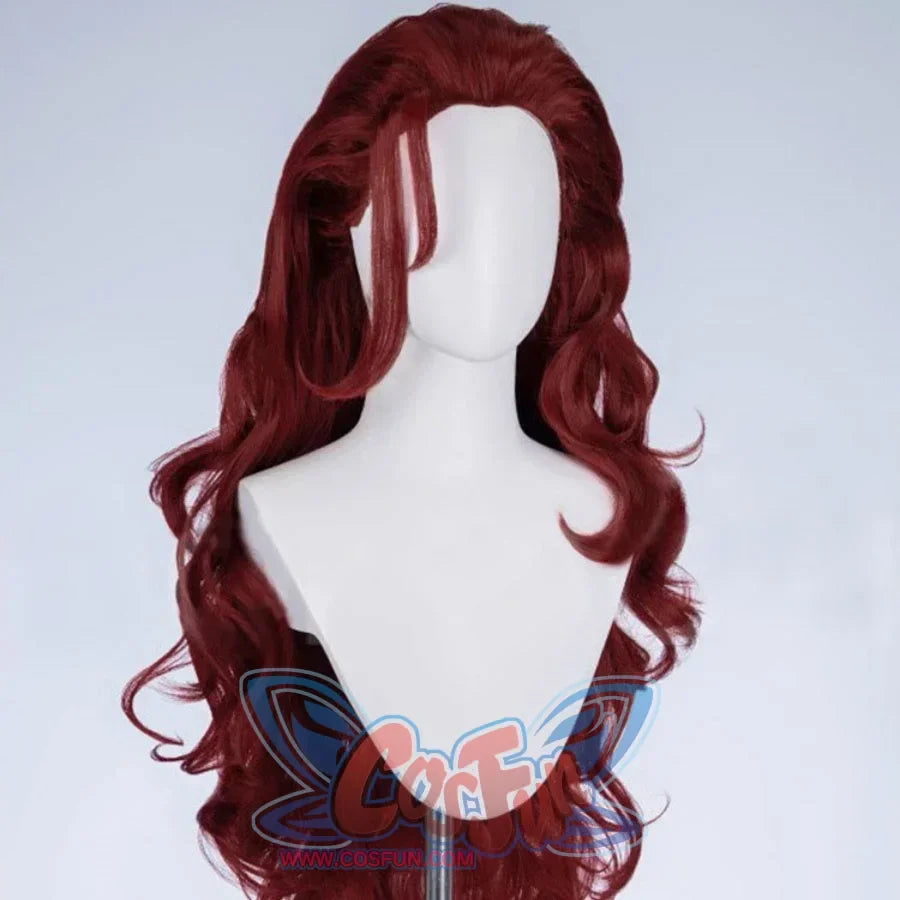 Front view of Scarlet Witch Wanda burgundy curly cosplay wig on mannequin