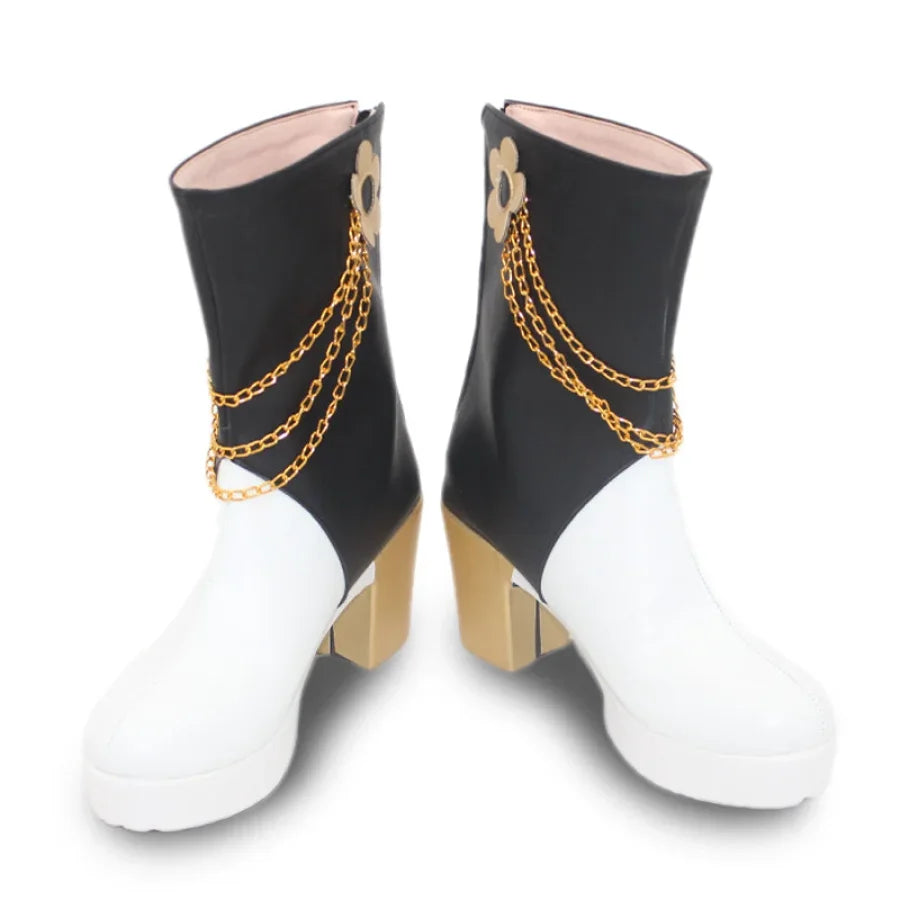 Front display of black and white Mira cosplay boots with gold chain decorations and flower - shaped accents, featuring chunky gold heels.