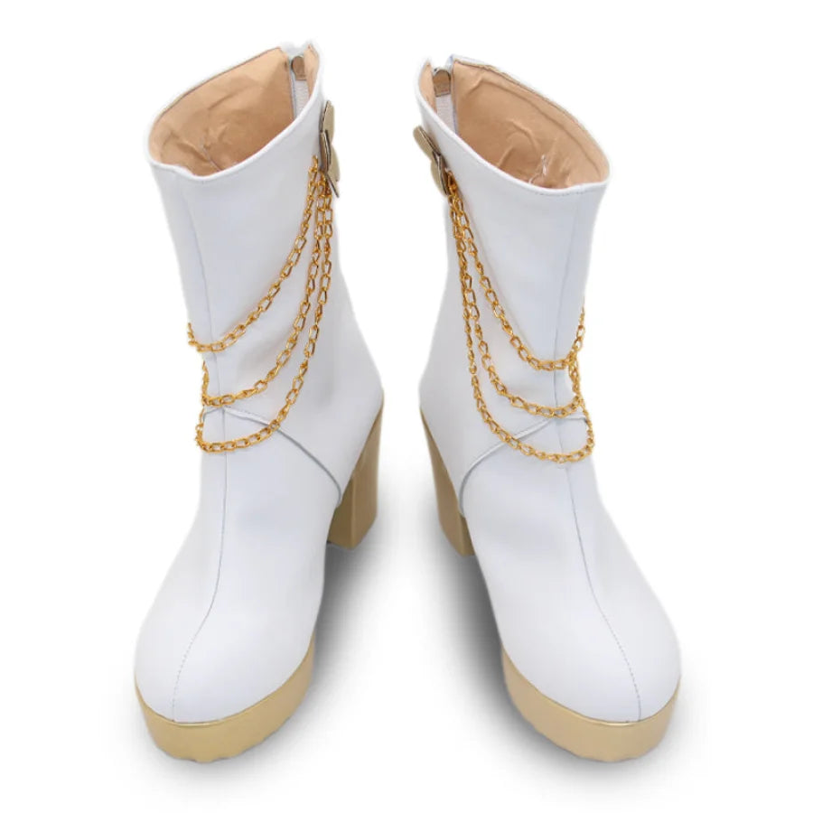  Front display of white Mira cosplay boots with gold chain decorations and chunky gold heels, showcasing the full design from above.