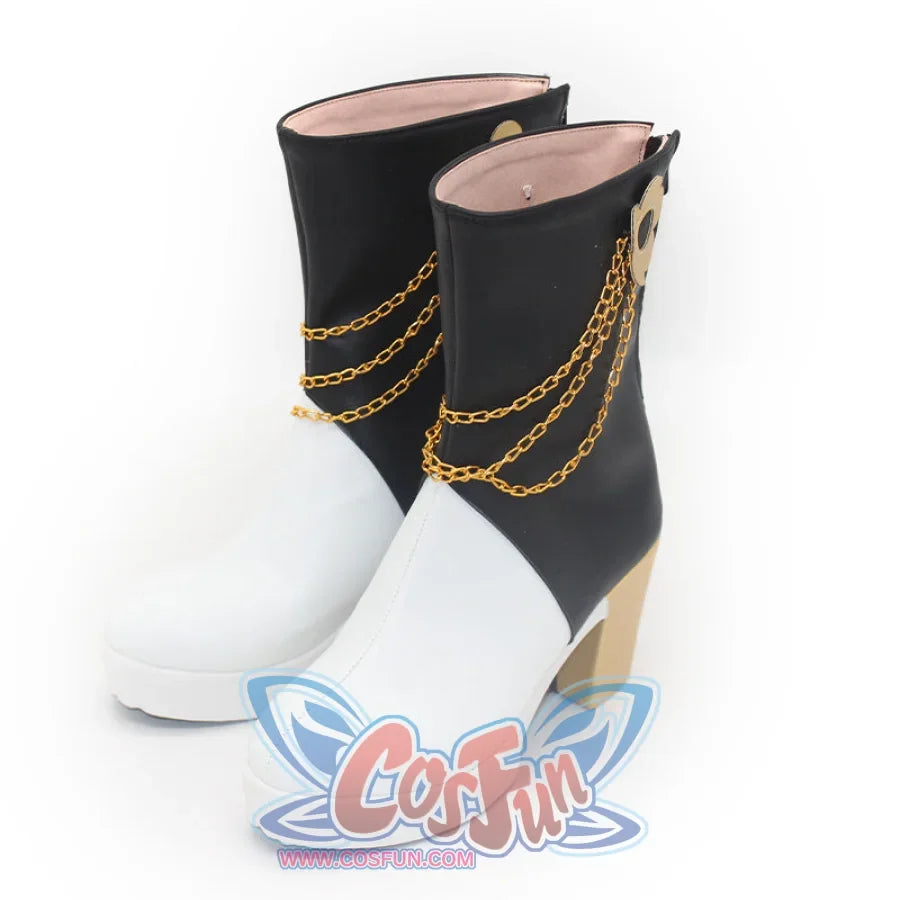Front display of black and white Mira cosplay boots with gold chain decorations and flower - shaped accents, featuring chunky gold heels.