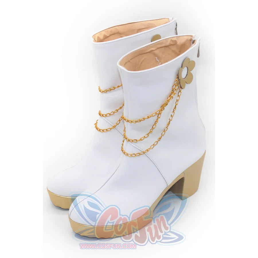  Front display of white Mira cosplay boots with gold chain decorations and chunky gold heels, showcasing the full design from above.