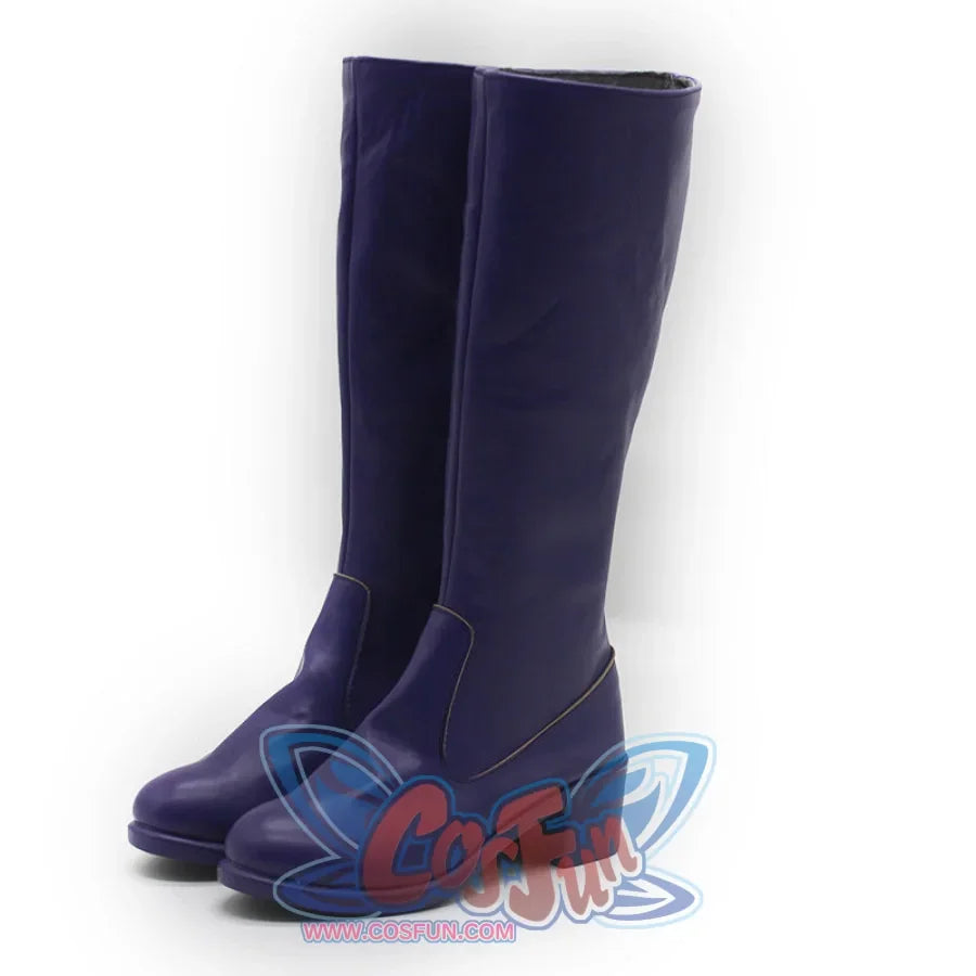 Full display of purple Mira cosplay boots, showcasing the tall, sleek design with zippers for easy wear.