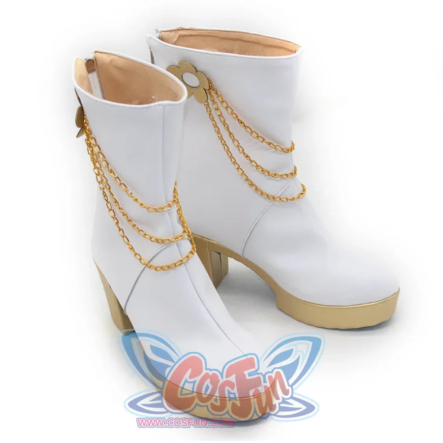 Side - by - side display of white Mira cosplay boots with gold chain decorations and gold - trimmed heels, emphasizing the symmetrical design.
