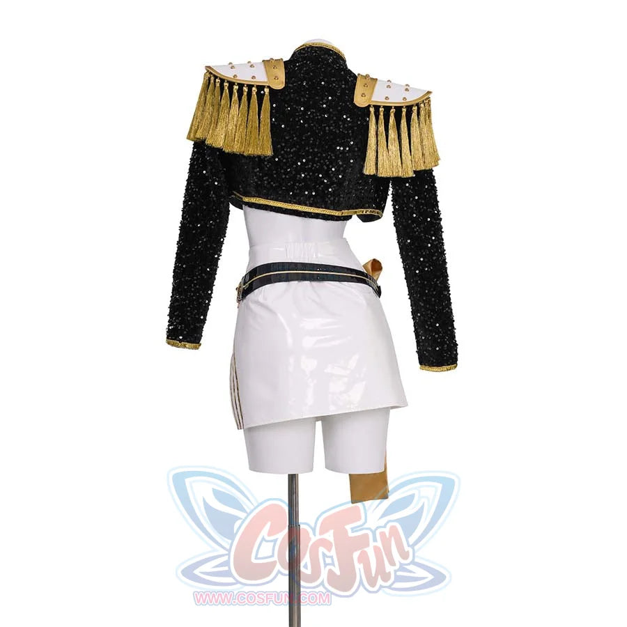 Back view of the costume, showcasing the black sequined jacket with gold tassels and the white skirt. Reveals the back design details.