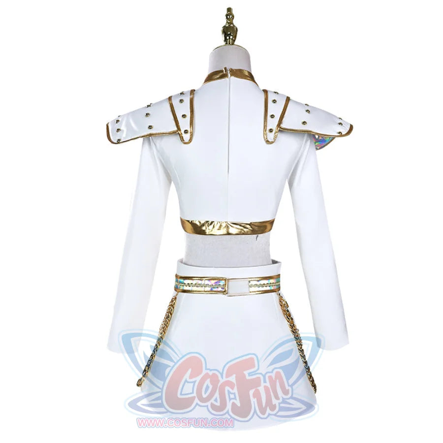 Displays the back of Mira’s costume, highlighting the gold-trimmed jacket, iridescent waist belt, and chain accents on the skirt, emphasizing detailed craftsmanship.