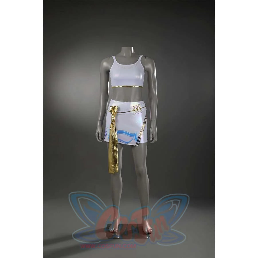 The front of the undergarment set features a gold sash tied in a loose bow at the waist, its shimmer complementing the subtle blue iridescence on the white fabric.