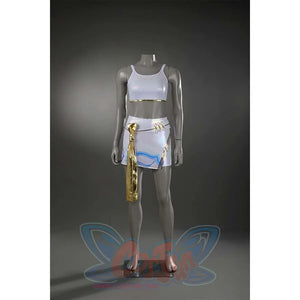 The front of the undergarment set features a gold sash tied in a loose bow at the waist, its shimmer complementing the subtle blue iridescence on the white fabric.