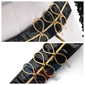 Close - up of the belt with gold bow - shaped decorations. Adds a stylish and delicate touch to the costume.