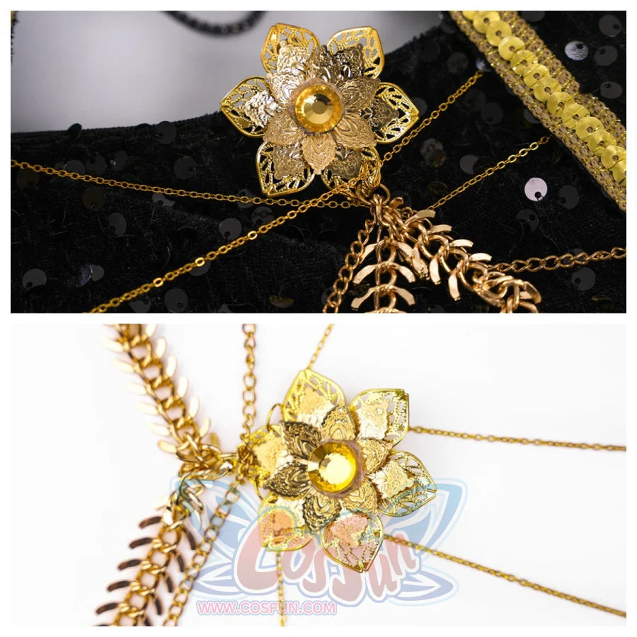 wo views of the gold decorative flower with chains. Features an intricate design and a central gem, enhancing the costume&#39;s elegance.