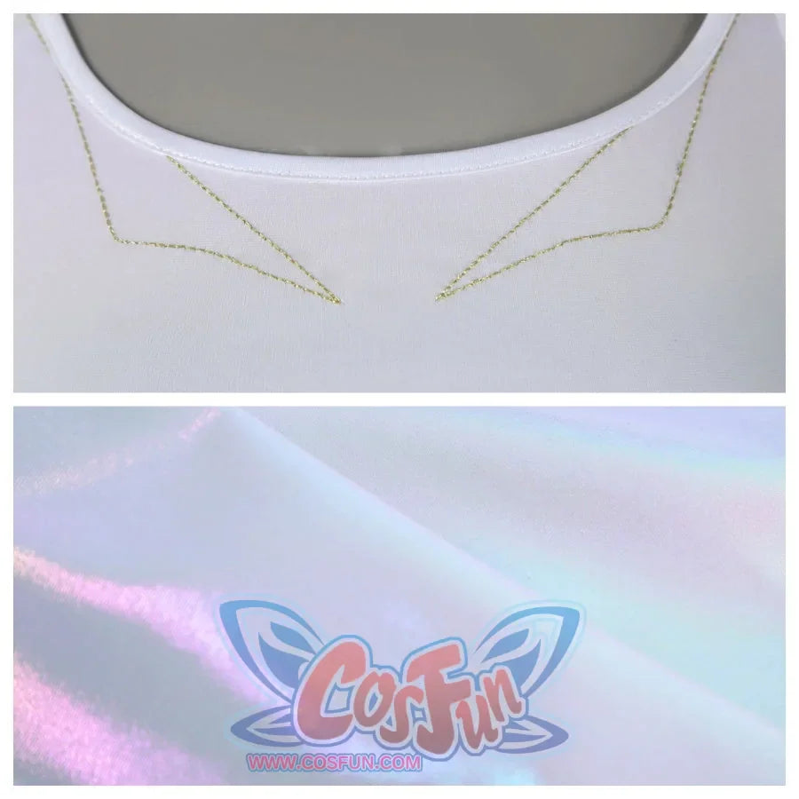 Focuses on gold stitching details on a white top’s neckline, alongside a close - up of the top’s iridescent fabric with shifting pastel hues.