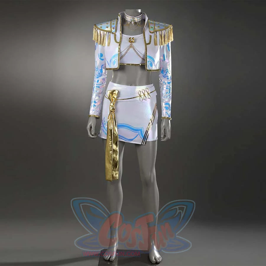 Presents a complete stage costume: cropped jacket, top, skirt with gold sash, all in white with blue iridescent designs and gold accents.