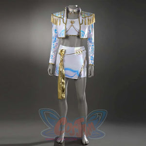 Presents a complete stage costume: cropped jacket, top, skirt with gold sash, all in white with blue iridescent designs and gold accents.