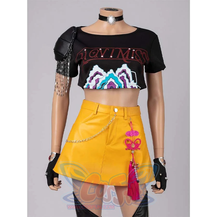 Close - up front view of Mira’s cosplay costume, showcasing the black top’s print, yellow skirt accessories, and black gloves.