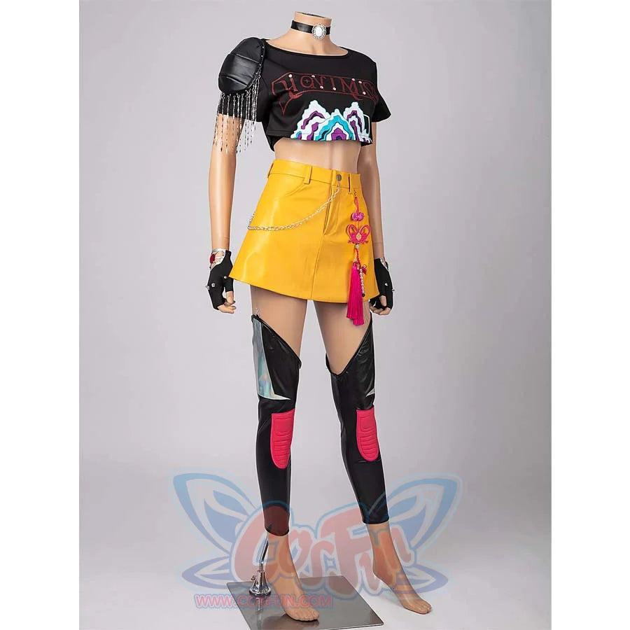 Full - body display of Mira’s cosplay costume against a grey backdrop, showcasing the black top, yellow skirt, and leg armor details.