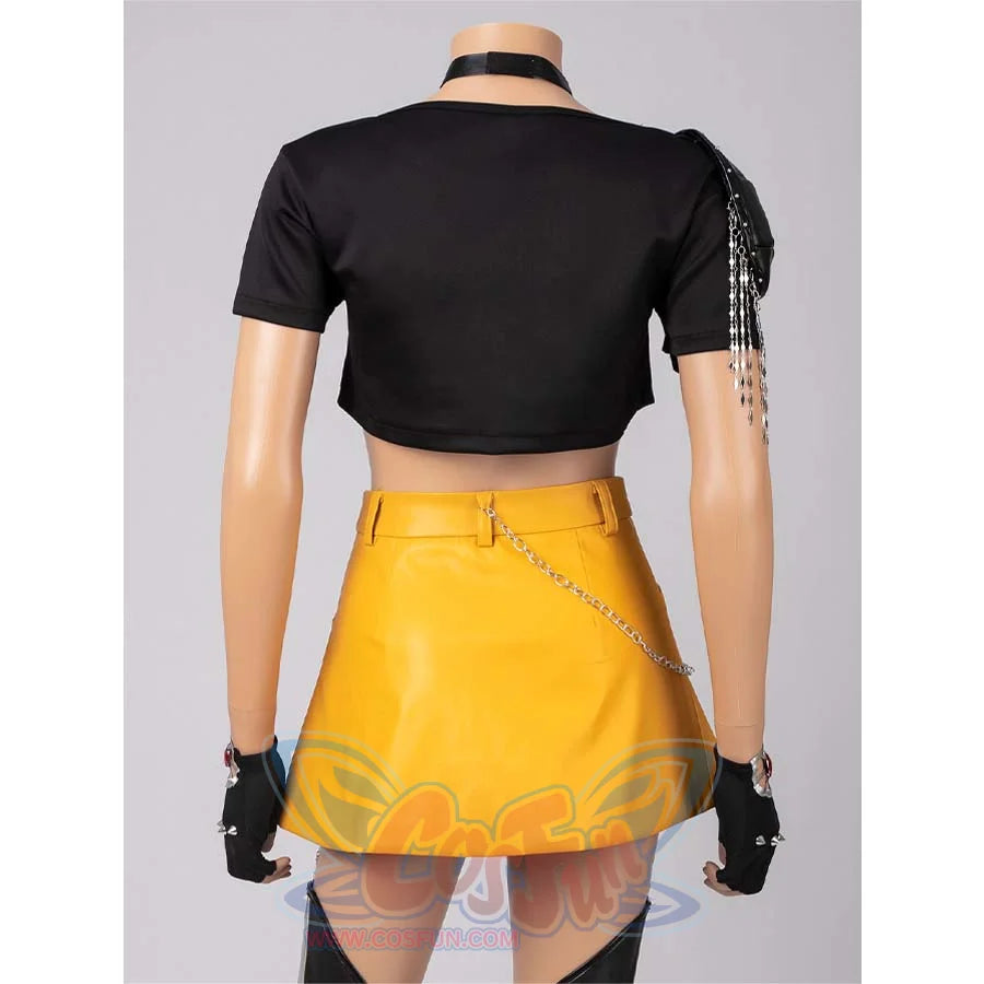 Back view highlighting the black top’s chain detail and yellow skirt design in Mira’s cosplay costume.