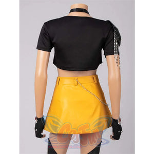 Back view highlighting the black top’s chain detail and yellow skirt design in Mira’s cosplay costume.