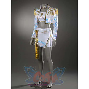From the cropped jacket’s collar to the skirt’s hem, the entire costume is adorned with blue iridescent patterns, each detail harmonizing to create a cohesive look.
