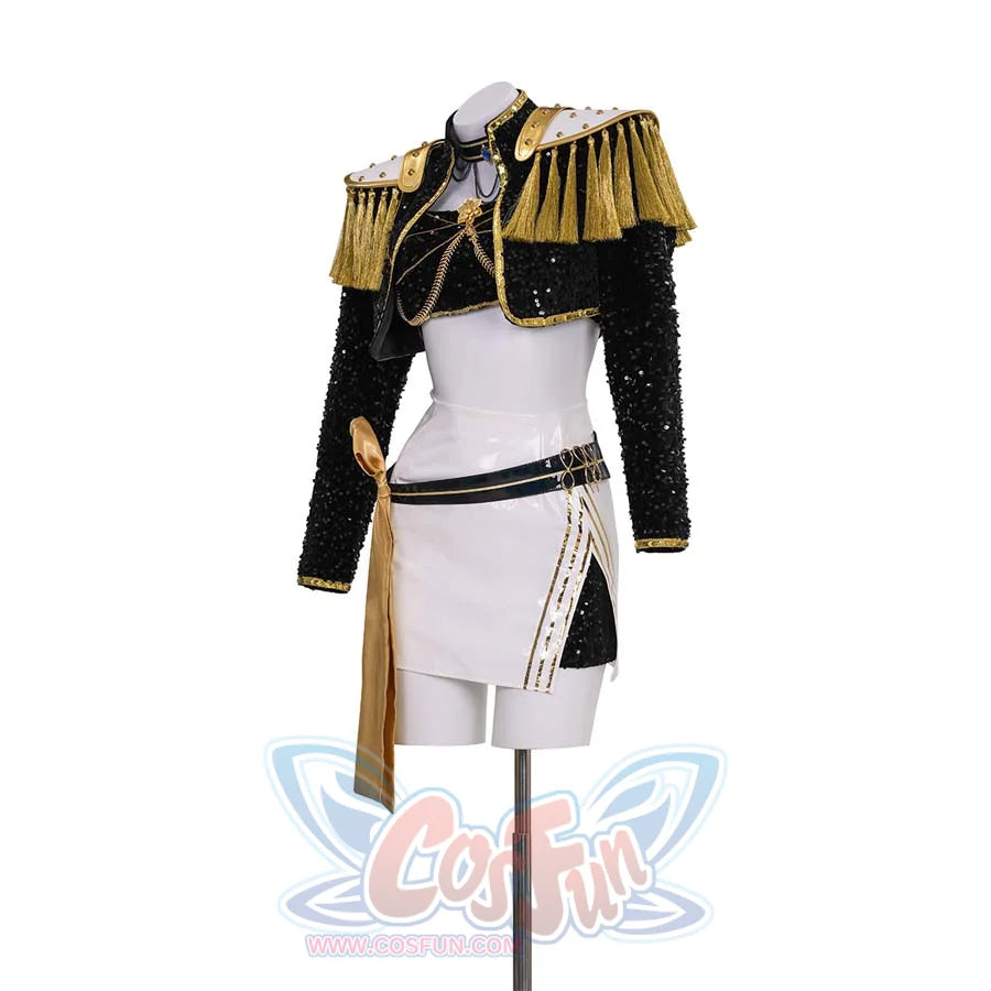 Another side view, showing slight variation in accessory arrangement. Highlights the jacket&#39;s gold details and the skirt&#39;s unique design.
