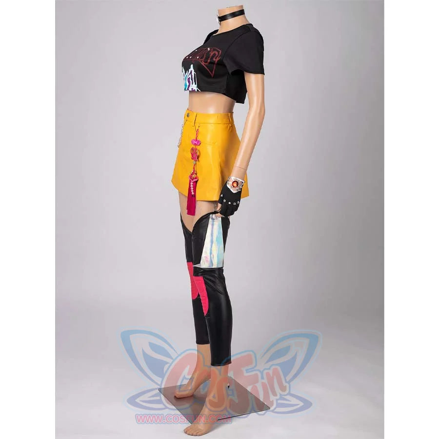 Side view of Mira’s cosplay costume, showcasing the black crop top, yellow skirt with pink tassel, and black leg armor with reflective panels.