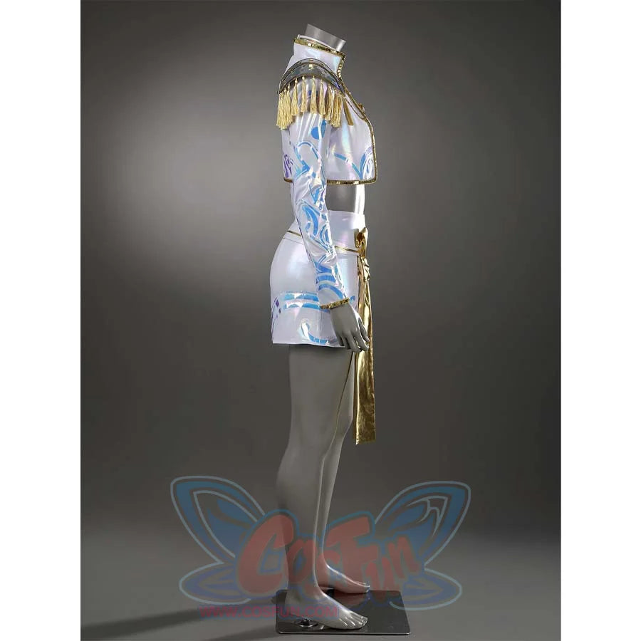 The side view emphasizes the costume’s sleek lines-the cropped jacket’s fitted shape contrasts with the skirt’s slight flare, accented by the gold sash’s diagonal placement.