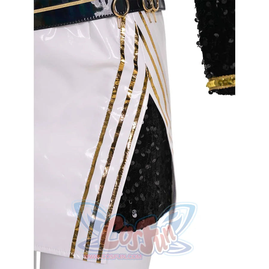 Close - up of the skirt&#39;s side, revealing gold stripes and black sequined accents underneath. Adds a touch of glamour.