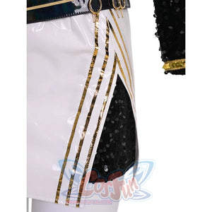 Close - up of the skirt's side, revealing gold stripes and black sequined accents underneath. Adds a touch of glamour.