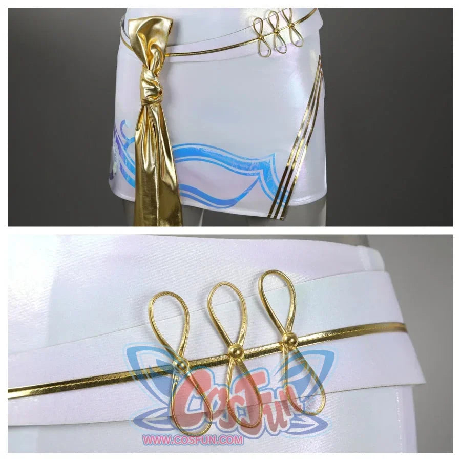 Highlights a white skirt with blue patterns, featuring a gold sash and decorative gold loops, with close - up of the intricate gold loop design.