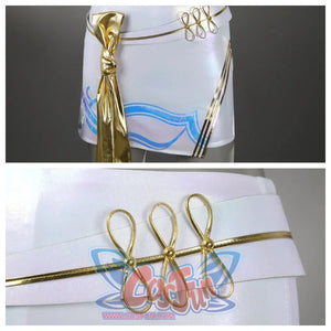 Highlights a white skirt with blue patterns, featuring a gold sash and decorative gold loops, with close - up of the intricate gold loop design.