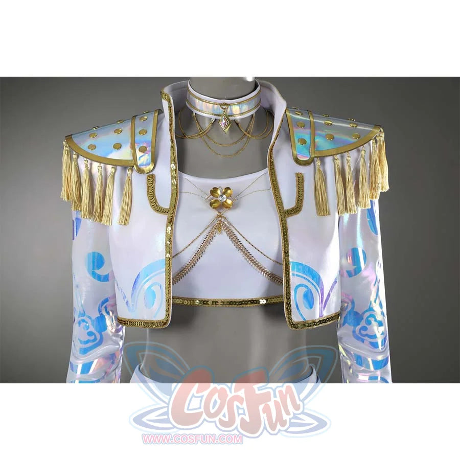 A close-up reveals the iridescent sleeves shifting color in light, with gold tassels on the epaulets boasting tiny beads that catch and reflect the illumination.