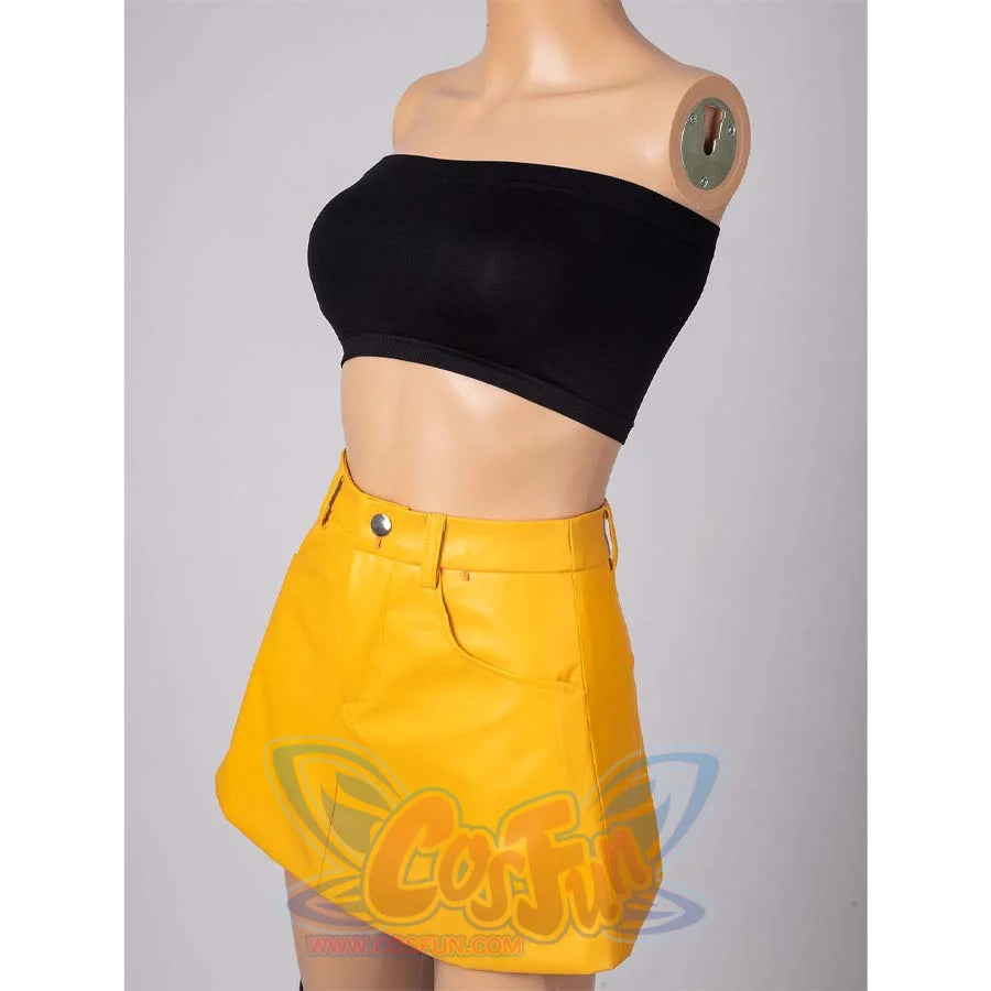Close - up of Mira’s yellow cosplay skirt paired with a black tube top, showcasing the skirt’s pocket and button detail.