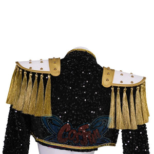 Back view of the jacket, focusing on the black sequined fabric and gold tassels. Shows the elegant back design.