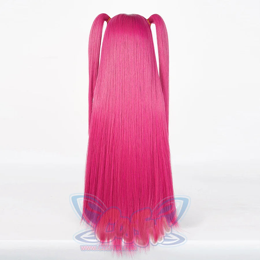 The back view of a pink Mira cosplay wig with long pigtails, shown against a plain white background.
