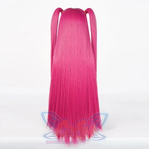 The back view of a pink Mira cosplay wig with long pigtails, shown against a plain white background.