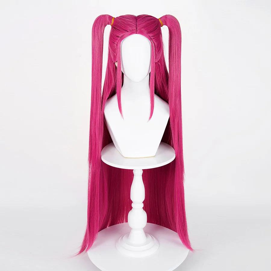 Mira cosplay wig in vivid pink, showcasing ultra -long, straight pigtails with smooth, glossy strands, mounted on a mannequin over a lace-edged stand.