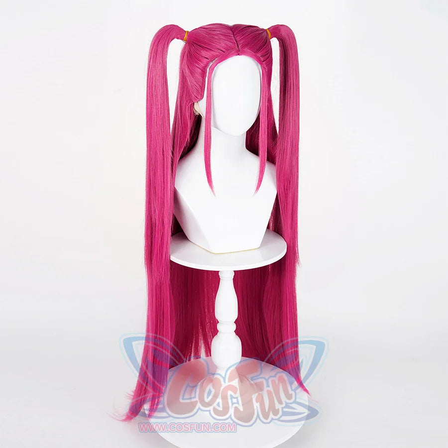 Mira cosplay wig in bright pink, featuring long, flowing pigtails with sleek, untangled strands, displayed on a mannequin from a side-front perspective.