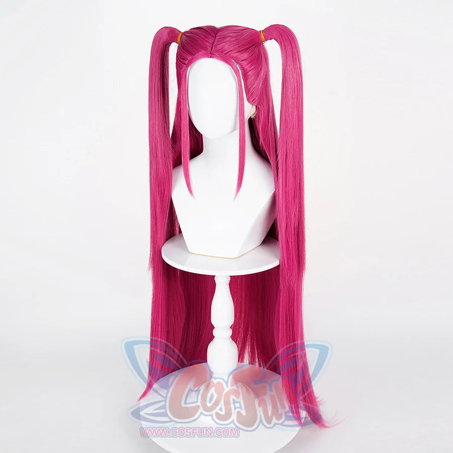 Vibrant pink Mira cosplay wig with lengthy pigtails; a circular inset highlights the neat, even texture and rich color of individual hair strands.