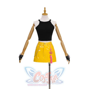 howcases Mira’s outfit-black halter crop top paired with a yellow patent - leather skirt, accessorized with pink tassels and chains, plus matching gloves.