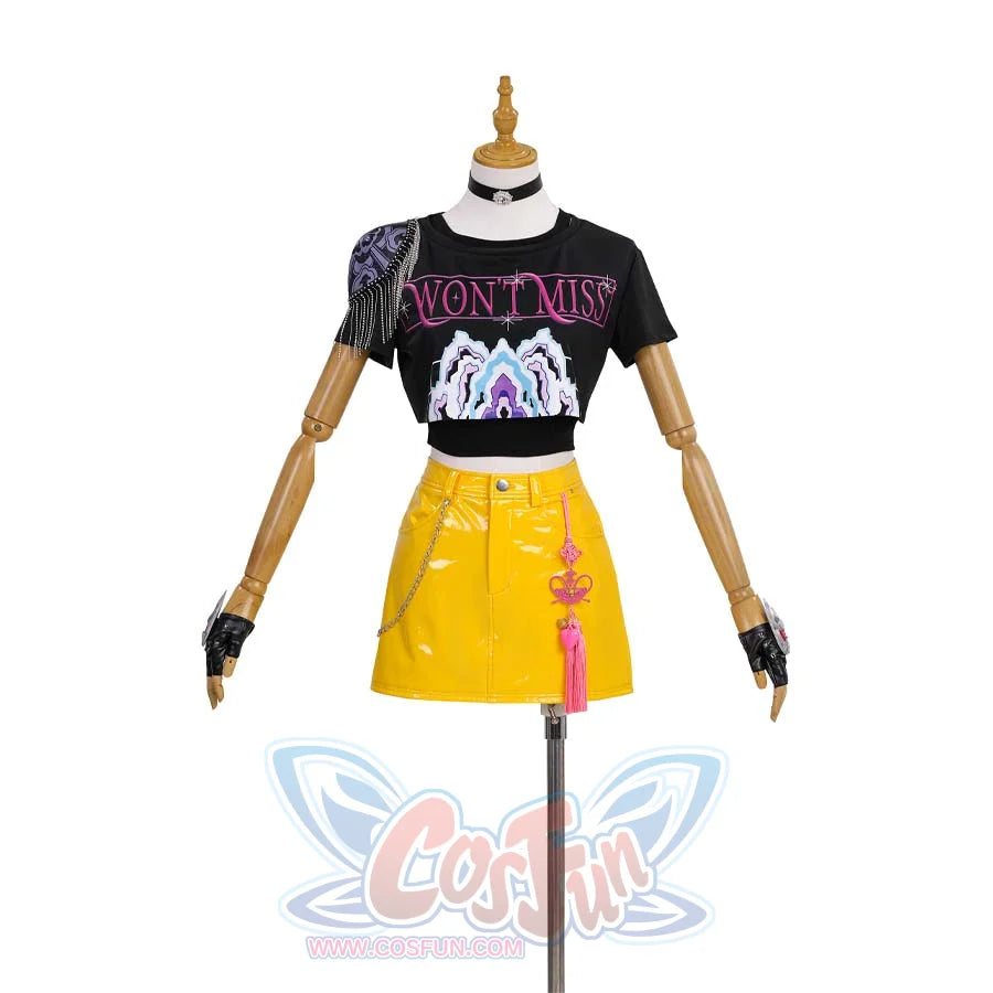It's Mira cosplay costume. Mannequin wearing a black crop top with pink text and yellow skirt on a white background