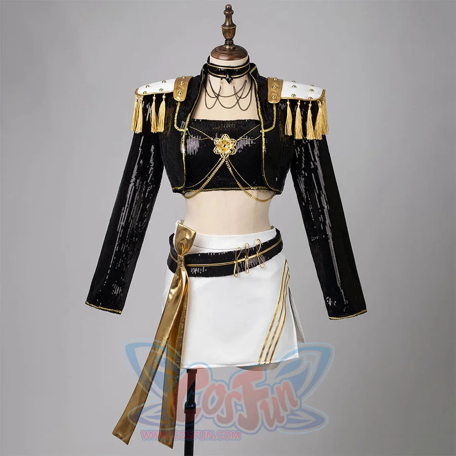 Mira cosplay costume idol stage outfit with black sequin crop top, gold tassels, white skirt with golden trim, black belt with flowing ribbons, and layered necklaces.