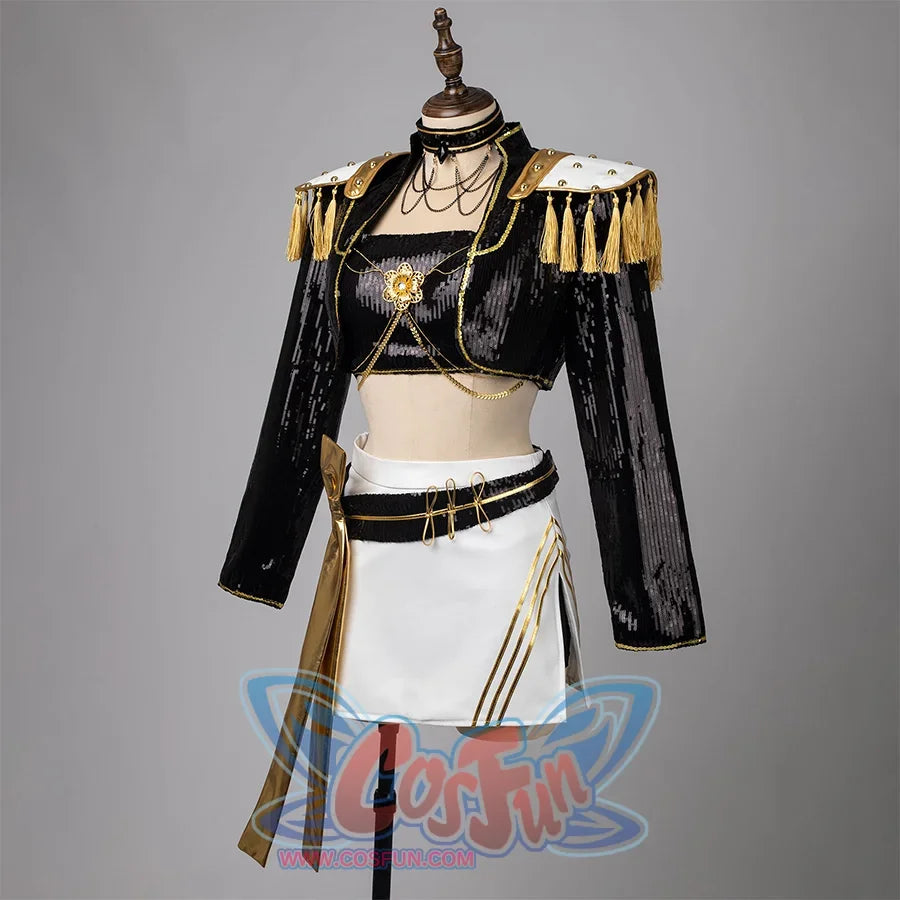 Mira cosplay costume&#39;s side view with black sequin crop top, gold tassels, white skirt with golden trim, black belt with flowing ribbons, and layered necklaces.